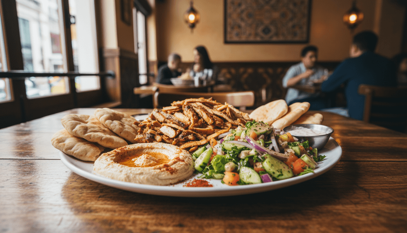 Fresh chicken shawarma platter with hummus and salad at Alees Cafe