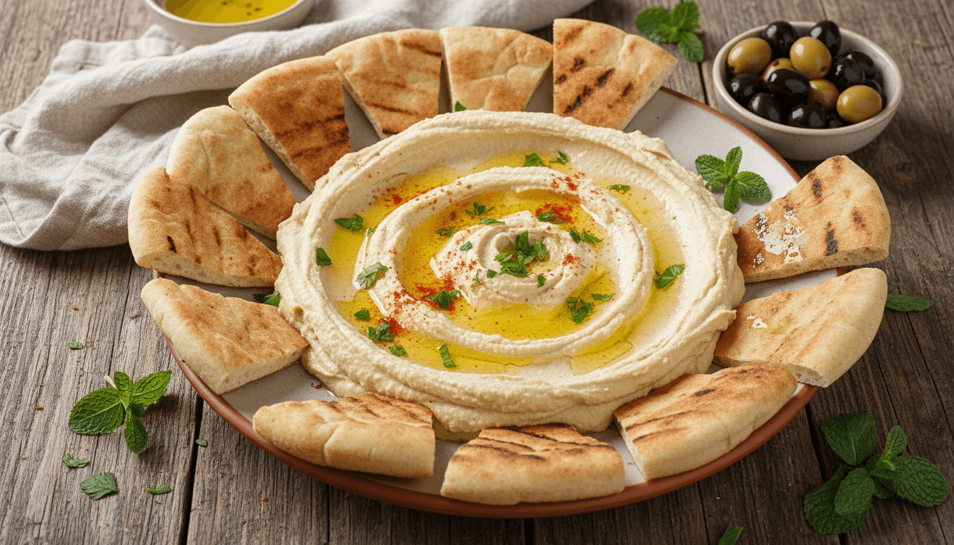 Creamy hummus platter with olive oil, pita, and olives
