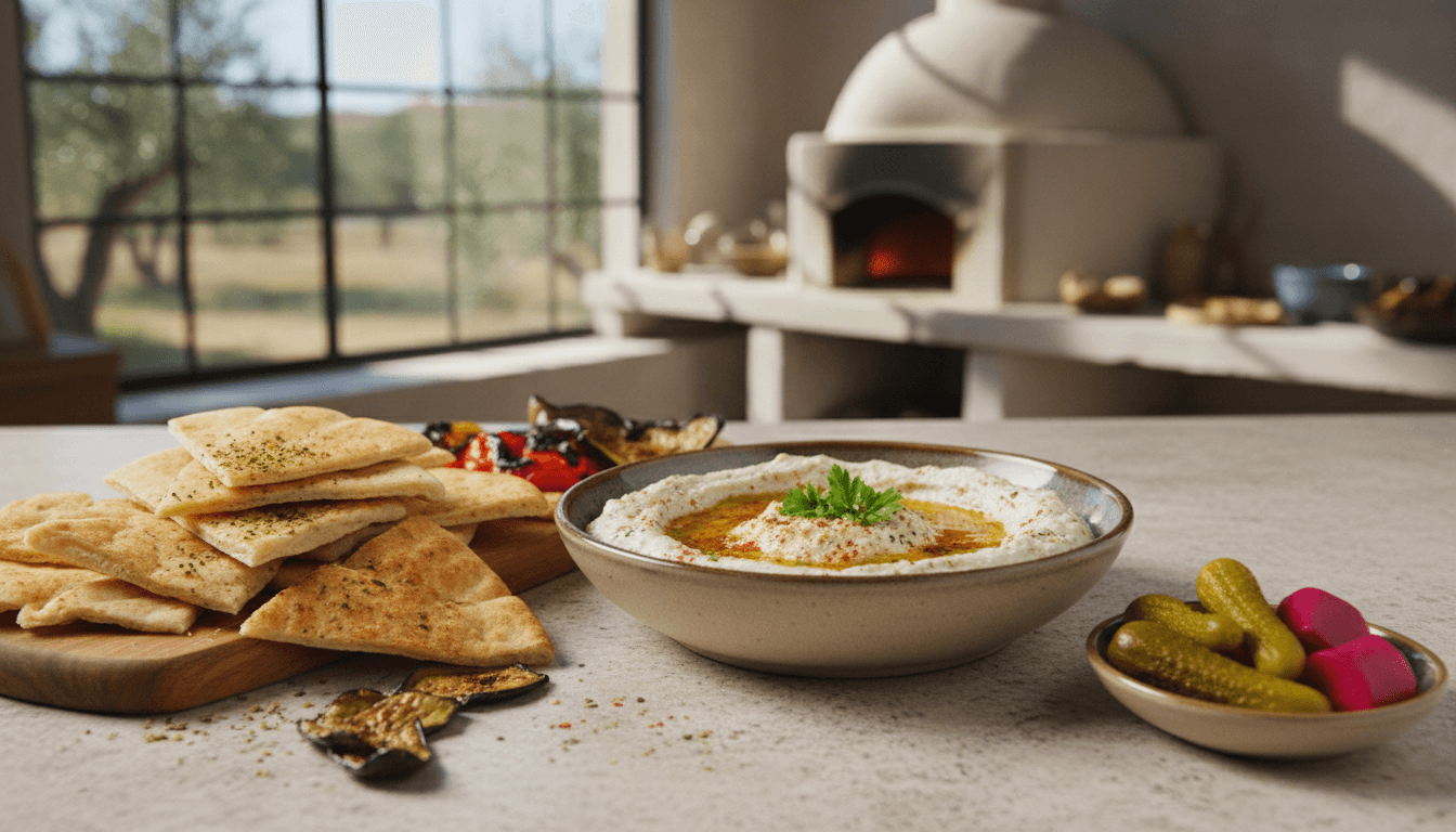 Baba ghanouj with pita bread and pickles