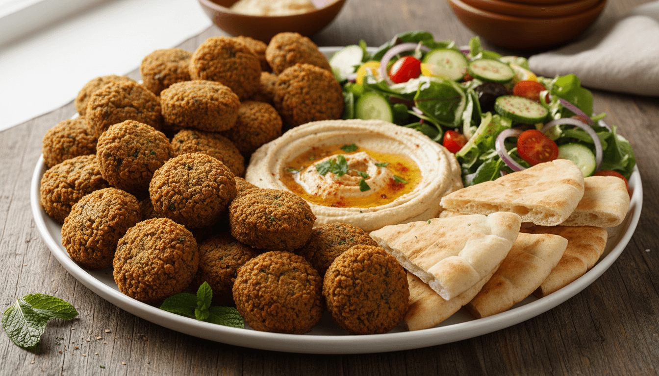 Crispy falafel platter with hummus, pita, and salad