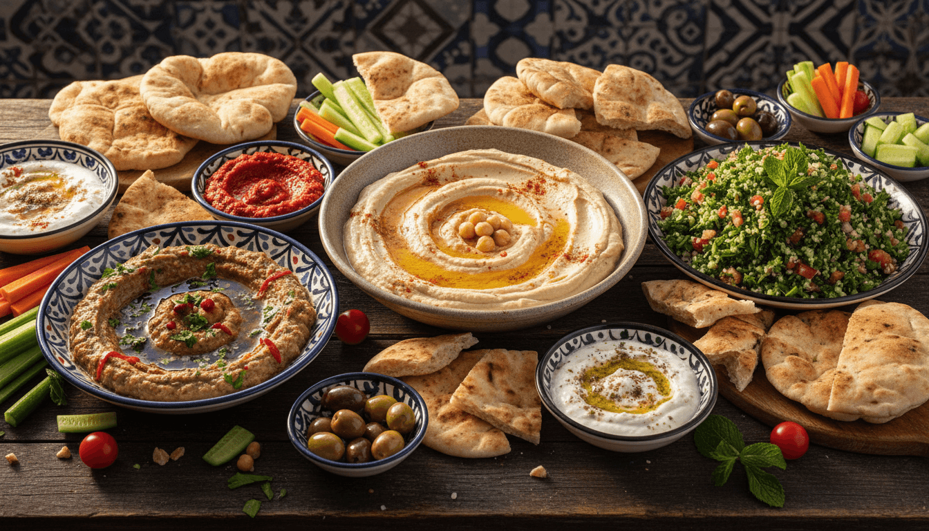 Mezze combo with hummus, baba ghanouj, and tabbouleh