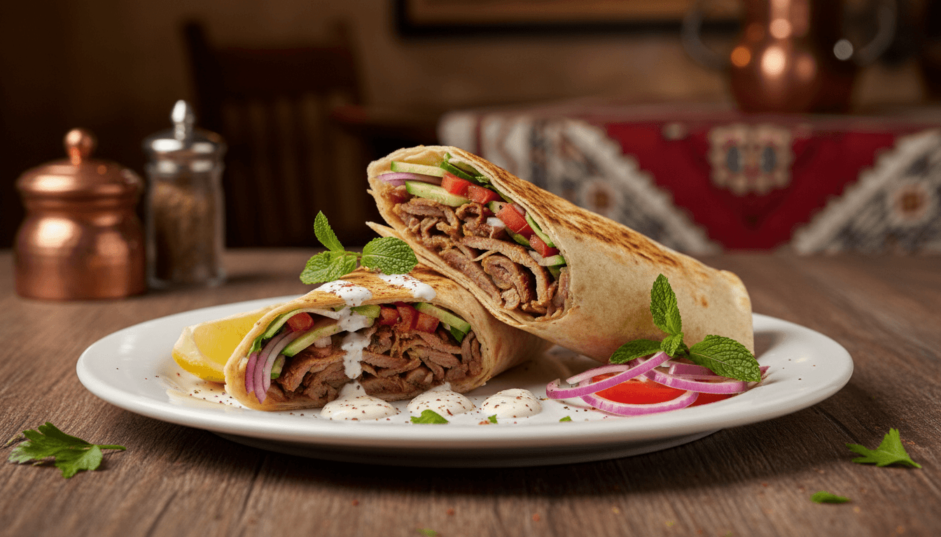 Lamb shawarma wrap with fresh vegetables on a plate