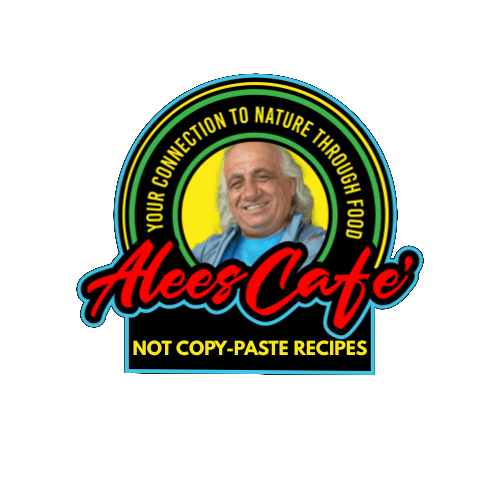 Alees Cafe logo featuring a smiling man, nature-themed slogan, and 'Not copy-paste recipes' text.